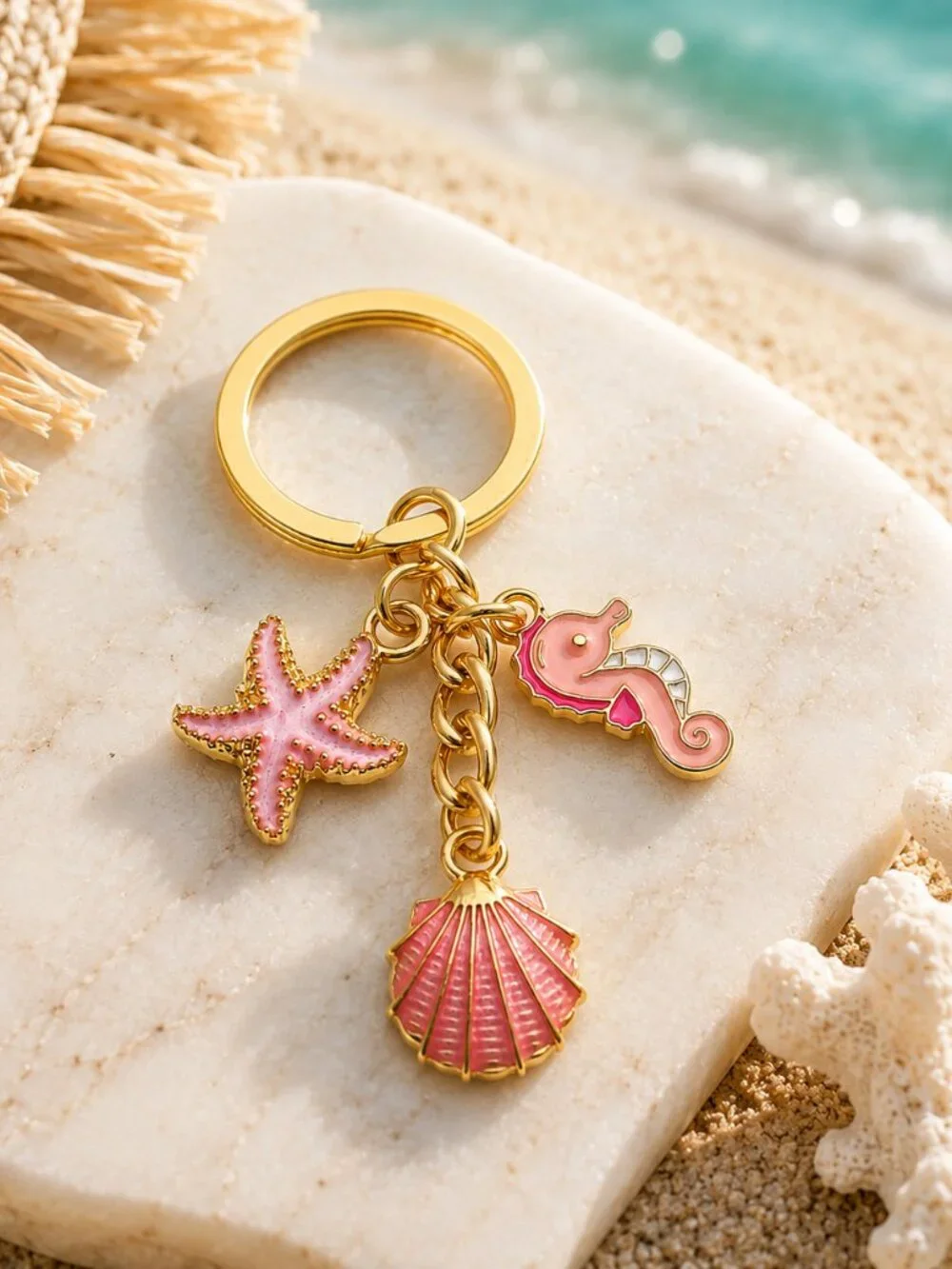 Gold Pink Seahorse Starfish Seashell Keychain Bag Charm Coastal Beach Ocean NEW